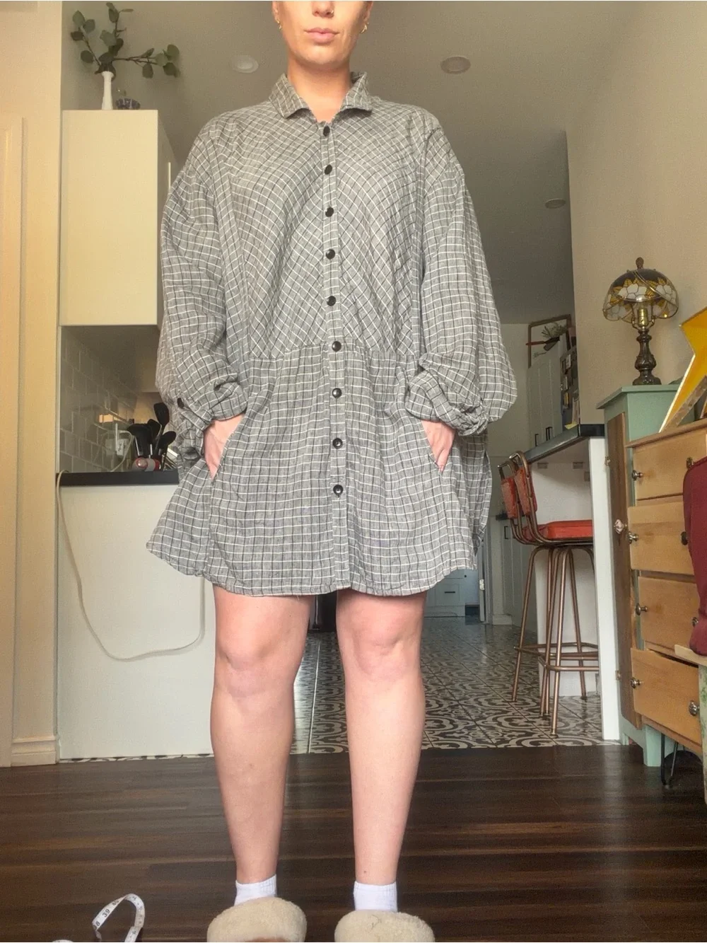Flax Windowpane Linen Shirt Dress in Gray, black and Cream plaid - Picture 15 of 17